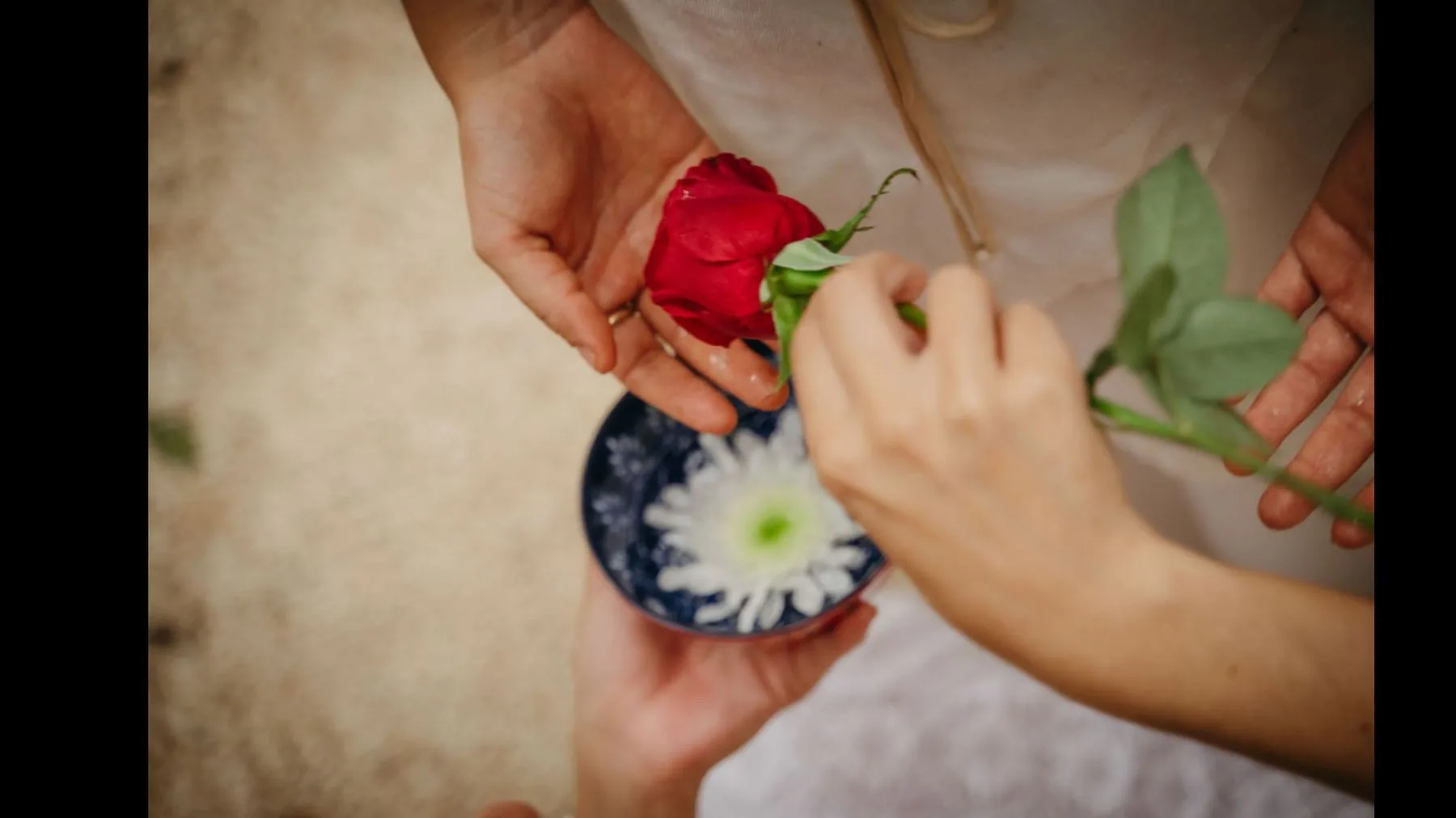 Hands holding flowers and offerings during ritual