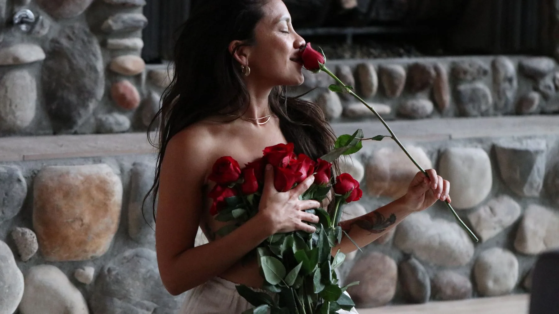 Roses gathered as an offering on an altar